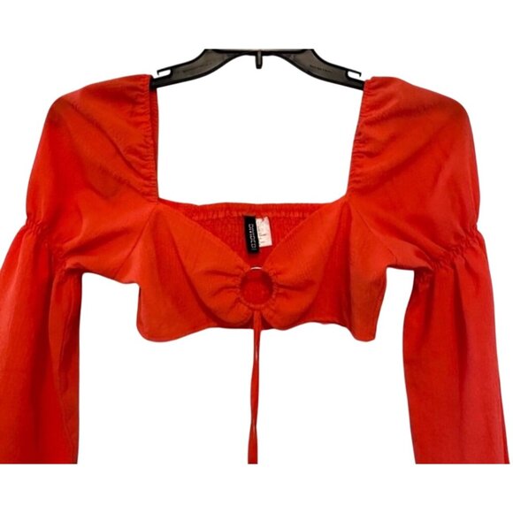 H&M Divided Womens Orange Crop Top S Square Neck Long Puff Sleeves Polyester & E - Picture 9 of 12